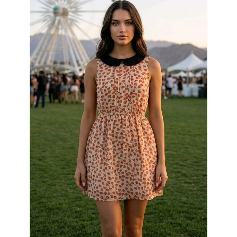 🔺️Tan & Orange Leaf Print Sleeveless Dress Small